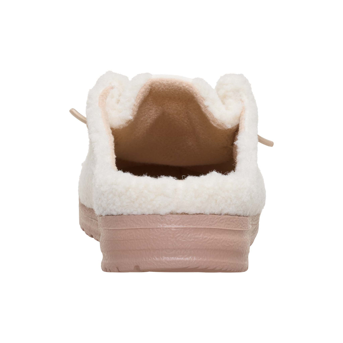 Back view of a slipper with white fur lining and brown sole on a white background