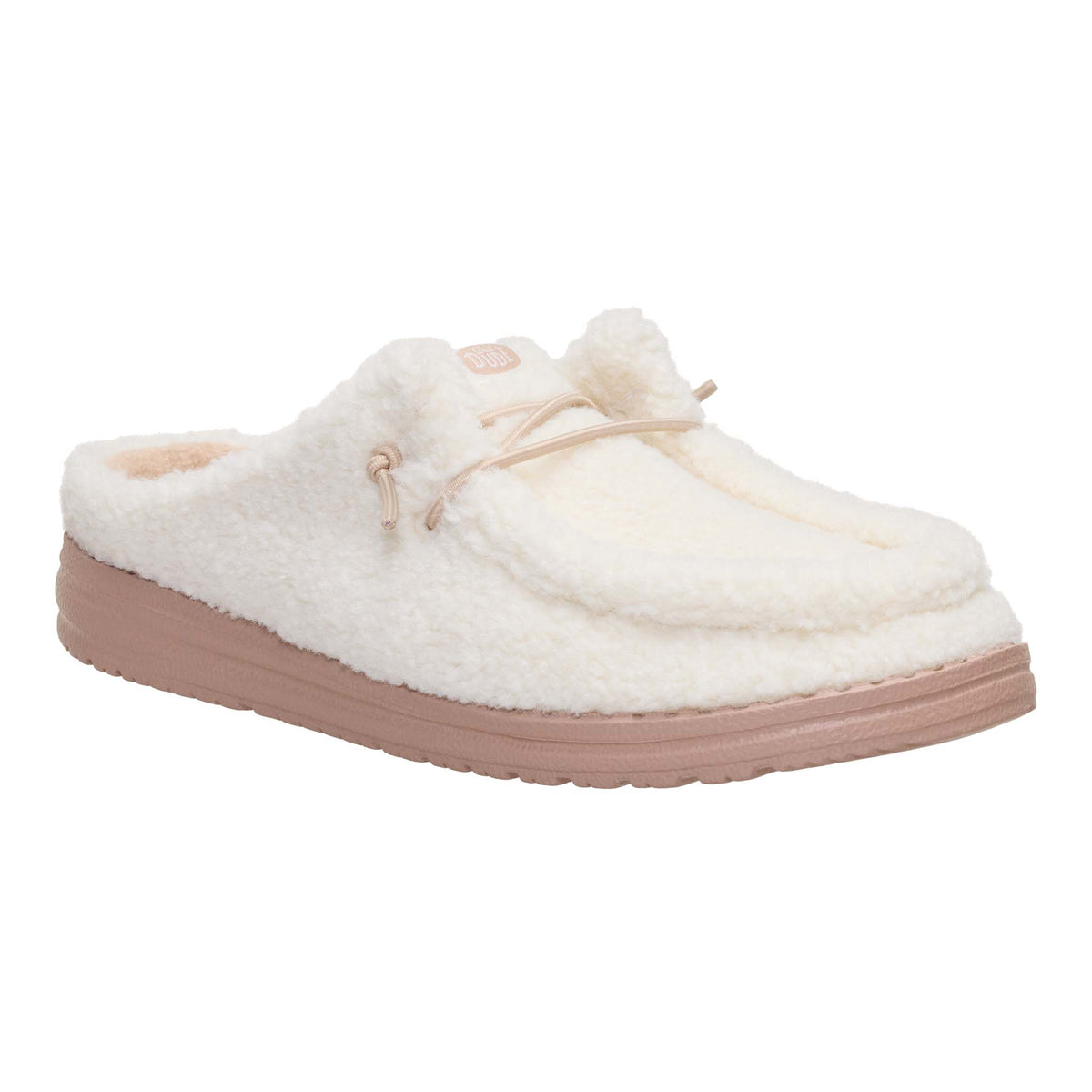 White slipper with brown sole on a white background
