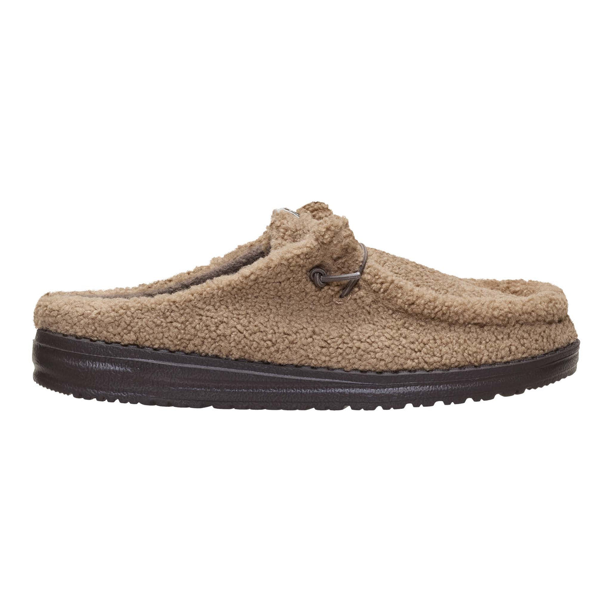 Brown slipper with a textured sole on a white background