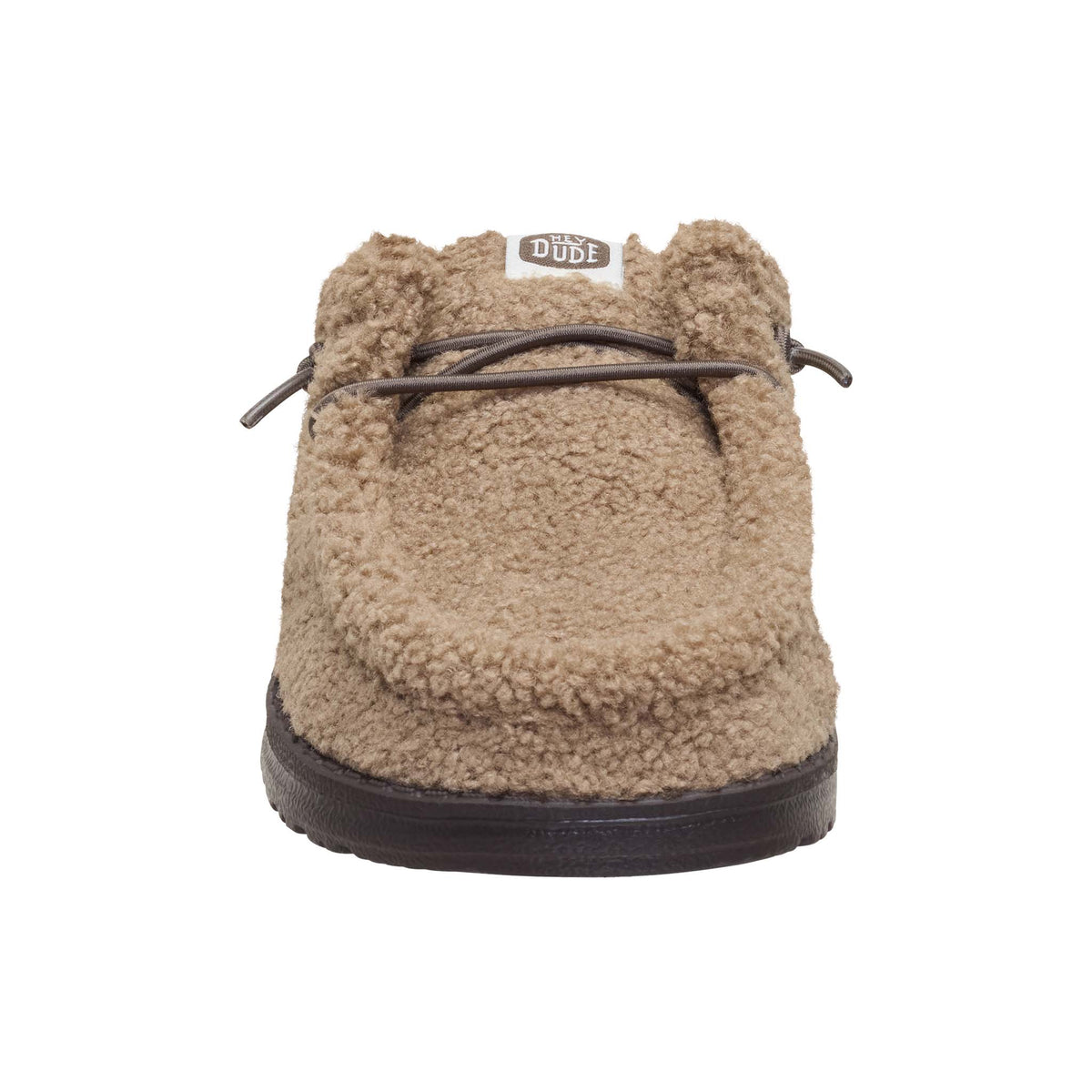 Brown fuzzy slipper with a black sole on a white background