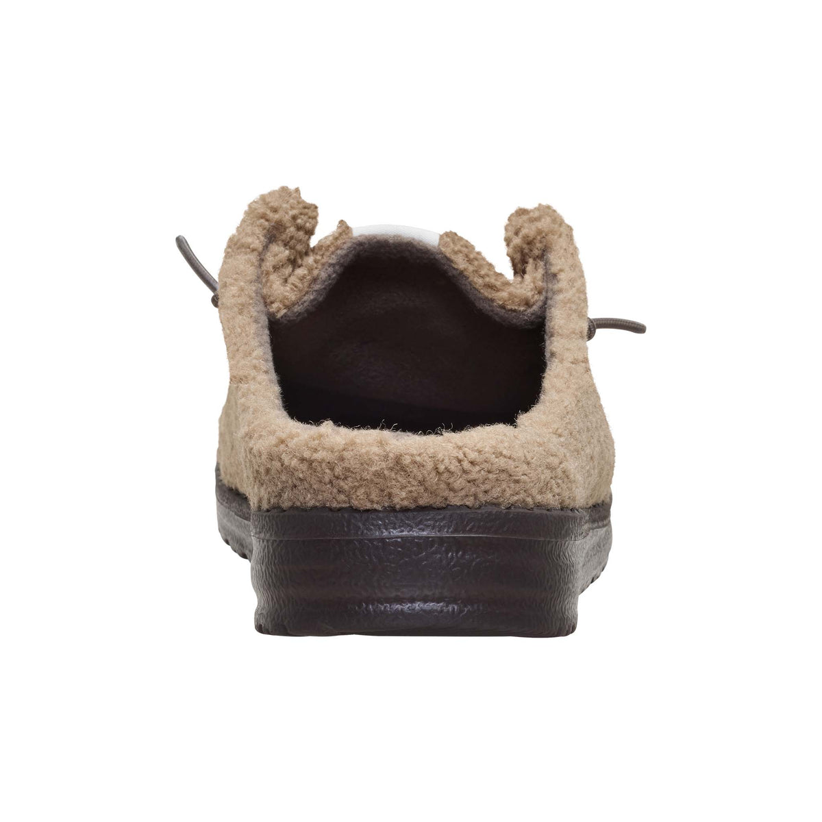 Close-up of a shoe with beige shearling lining on a white background