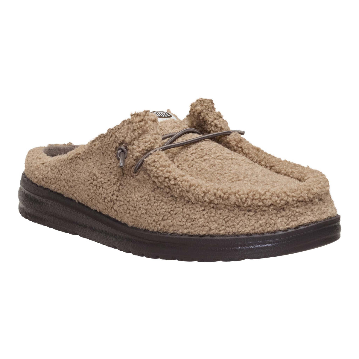 Brown slipper with black sole on a white background