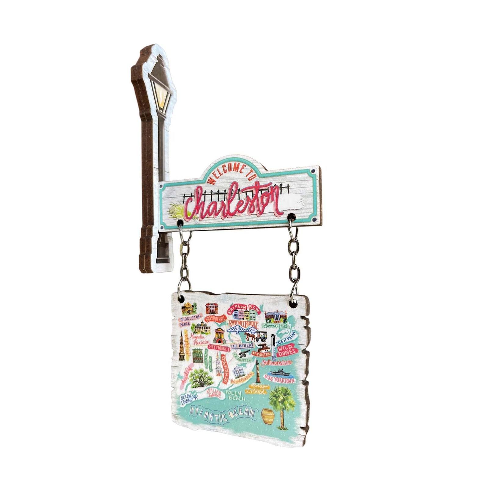 Front view of Charleston hanging wooden magnet featuring colorful city landmarks and a top sign reading “Welcome to Charleston,” suspended by small metal chains.