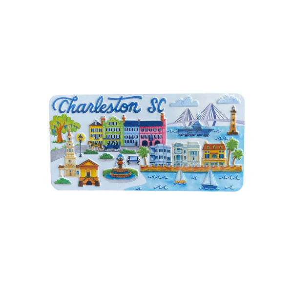 Illustrated Charleston SC magnet with colorful landmarks, including Rainbow Row, Pineapple Fountain, and sailboats along the waterfront.