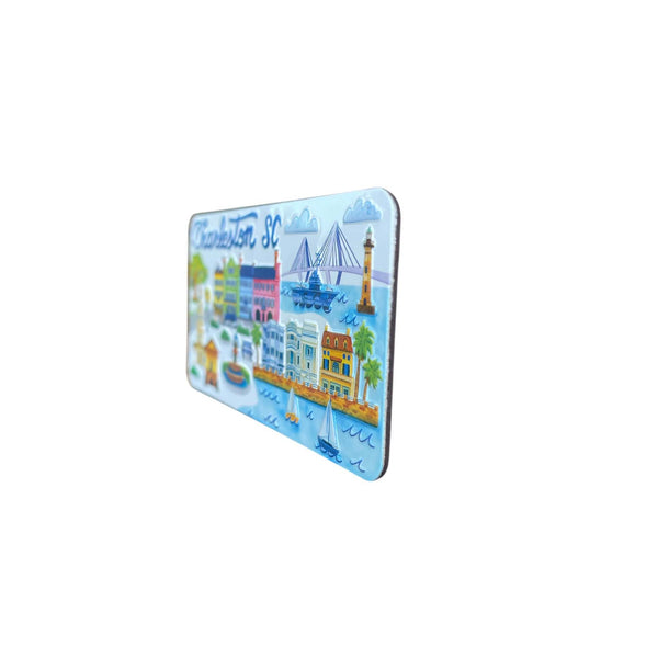 Angled view of Charleston SC magnet showing raised texture and vibrant coastal city illustrations.