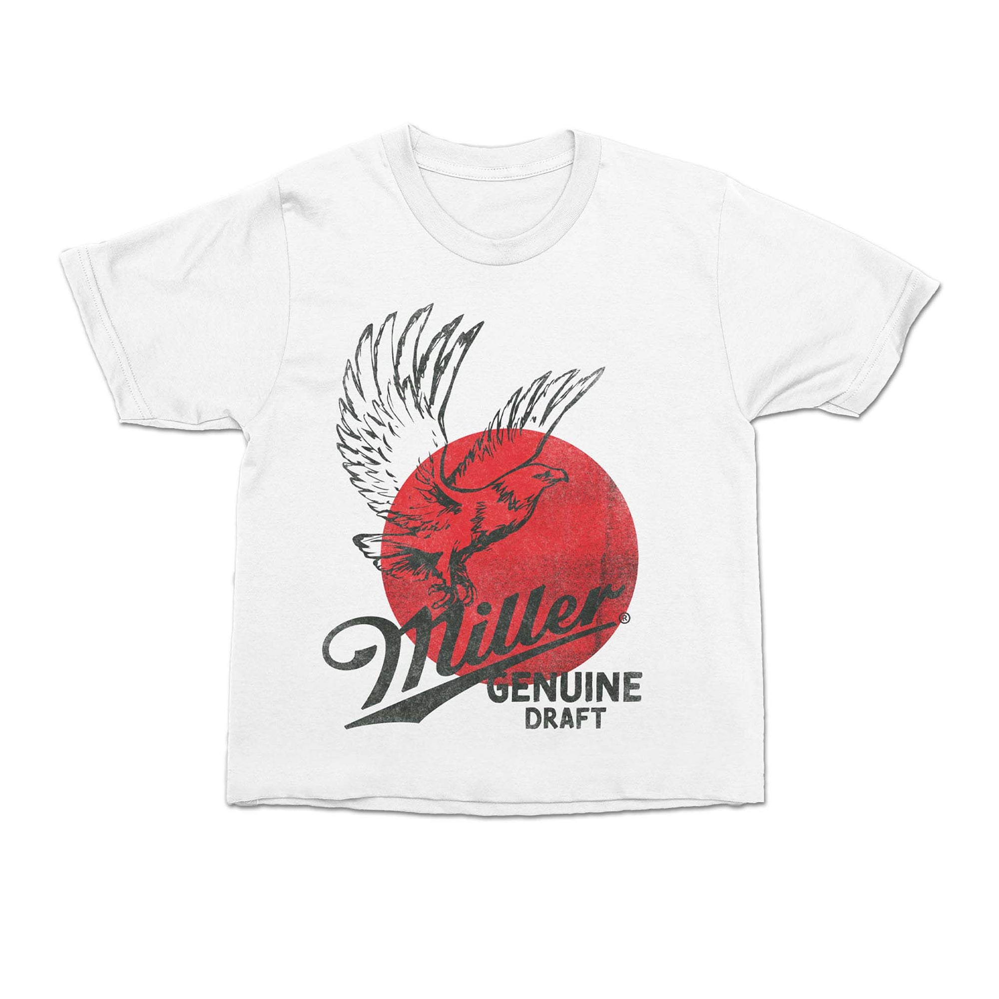 Front of short sleeve white cropped ladies t-shirt featuring a vintage Miller Genuine Draft logo and eagle in flight.  This cotton design is perfect for casual days or nights!