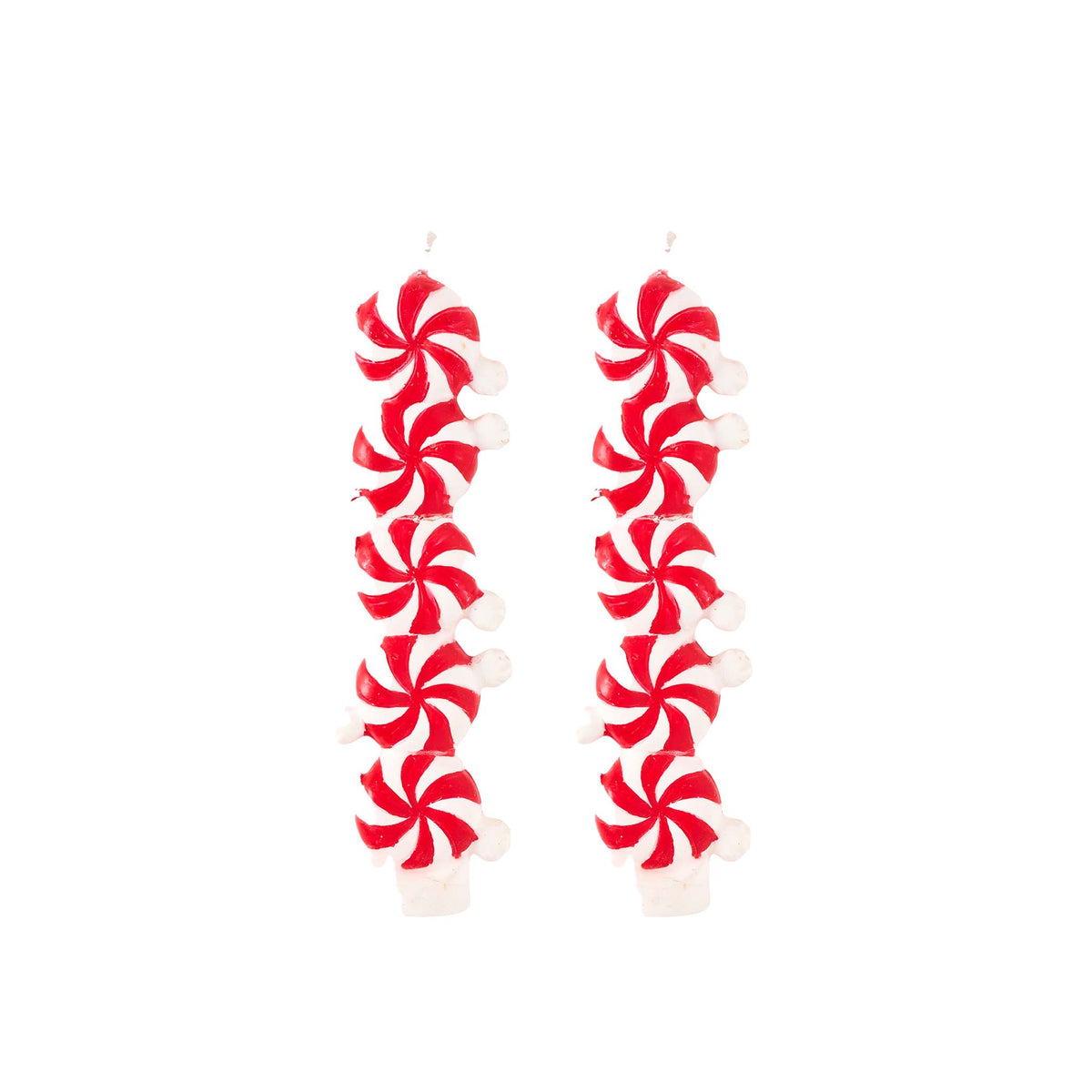 Red and white peppermint candy canes on a white background