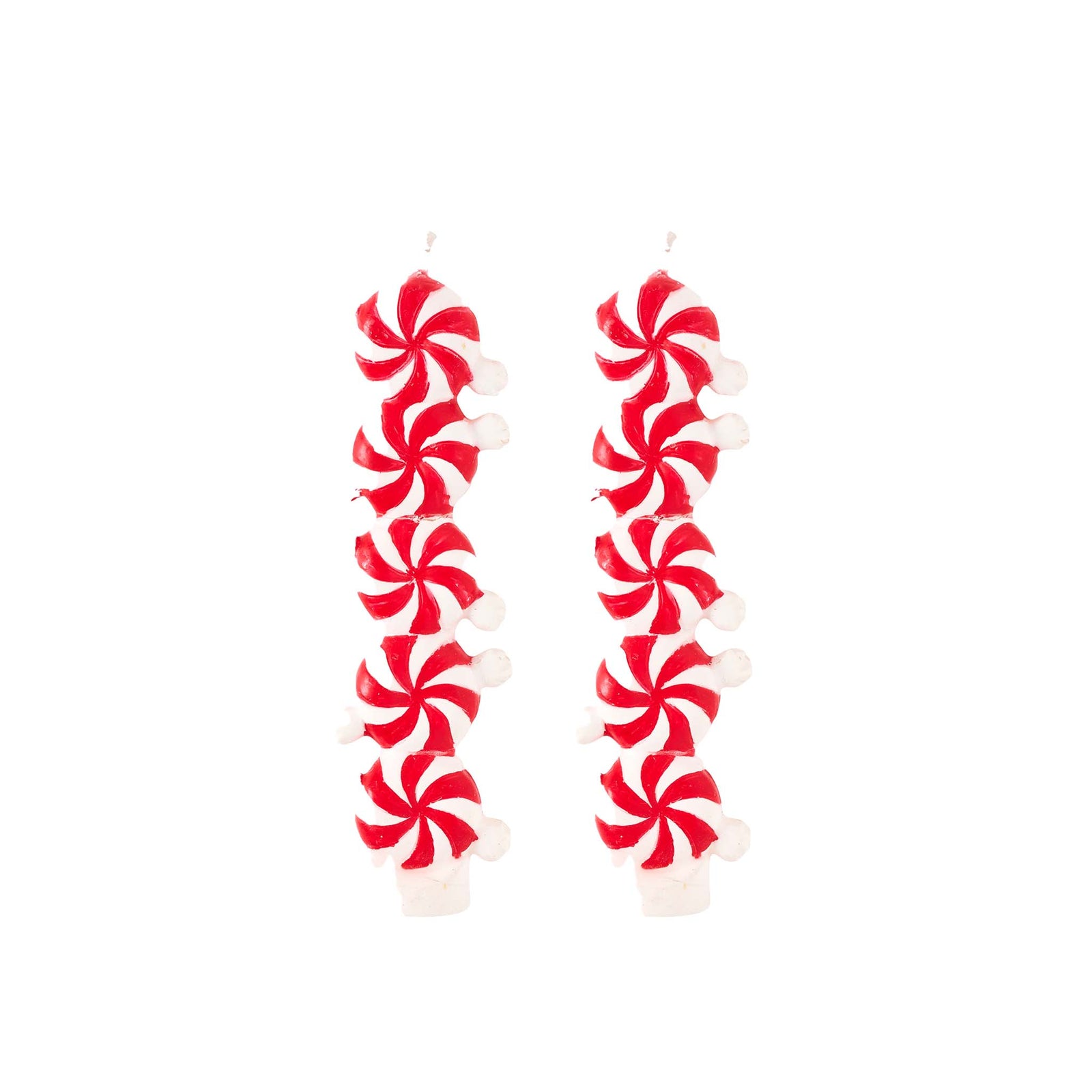 Red and white peppermint candy canes on a white background