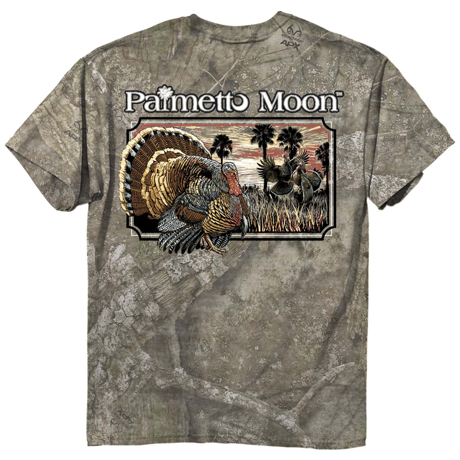 Washed Camo t-shirt with a turkey graphic and 'Palmetto Moon' text shown on a white background