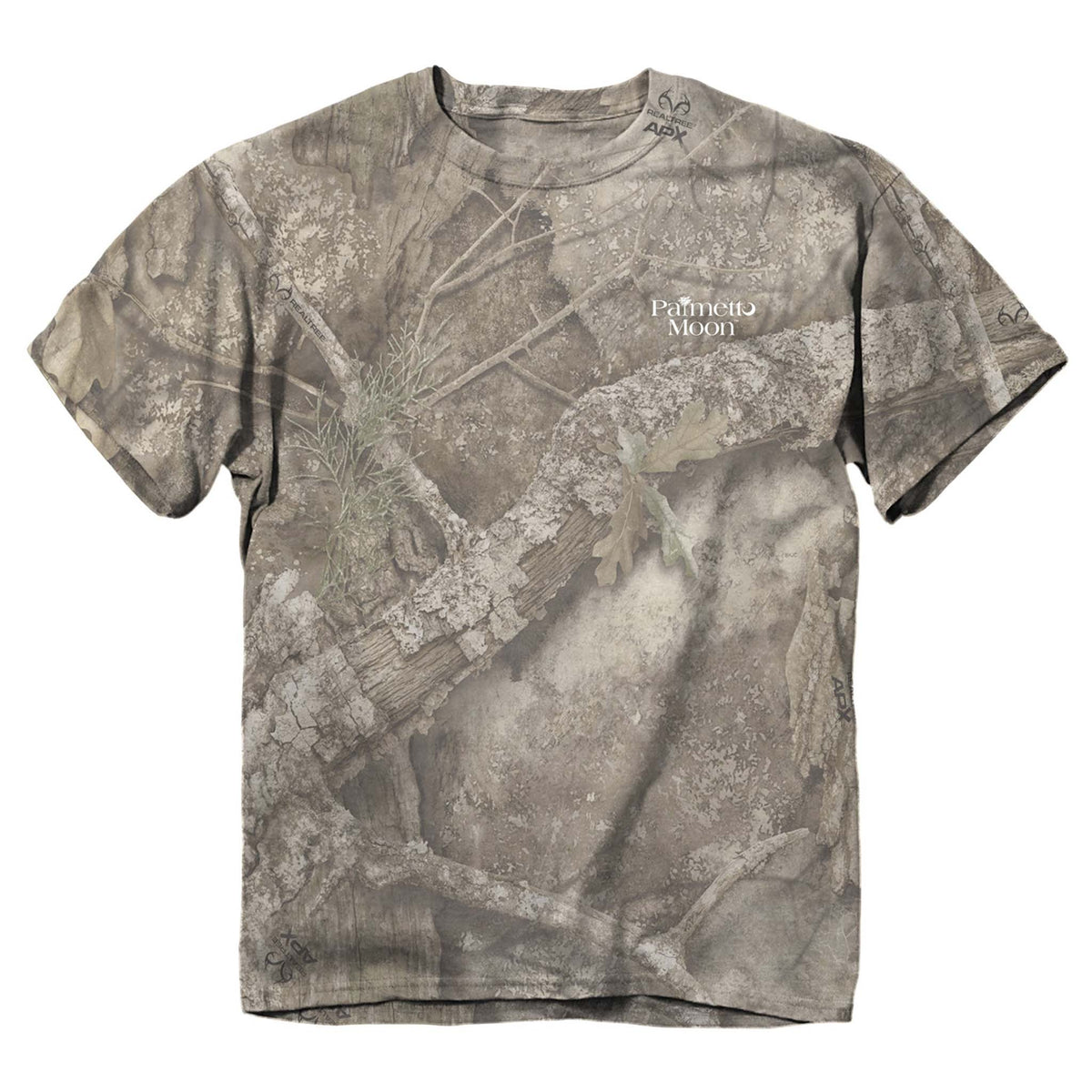 Camouflage-patterned t-shirt with 'Palmetto Moon' logo on a white background