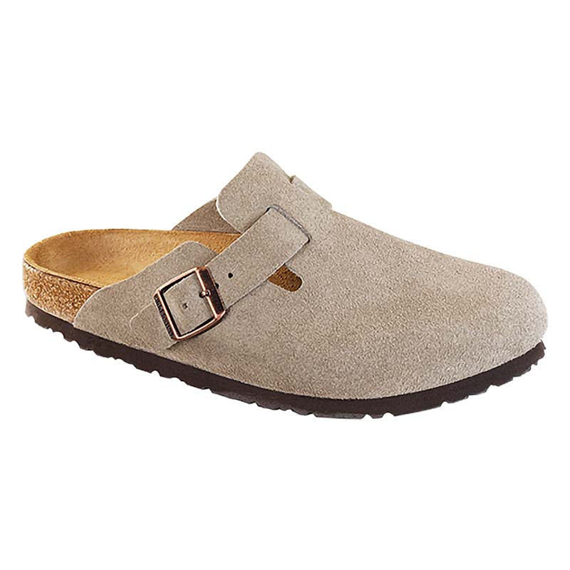 Women&#39;s Boston Suede Leather Soft Footbed Slip On Shoes in Taupe