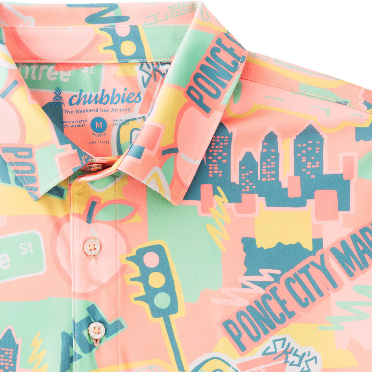 Men’s short-sleeve polo shirt from Chubbies, featuring a lightweight, breathable fabric with an all-over print of Atlanta, Georgia icons. Includes a classic collar, three-button placket, and a relaxed, modern fit.