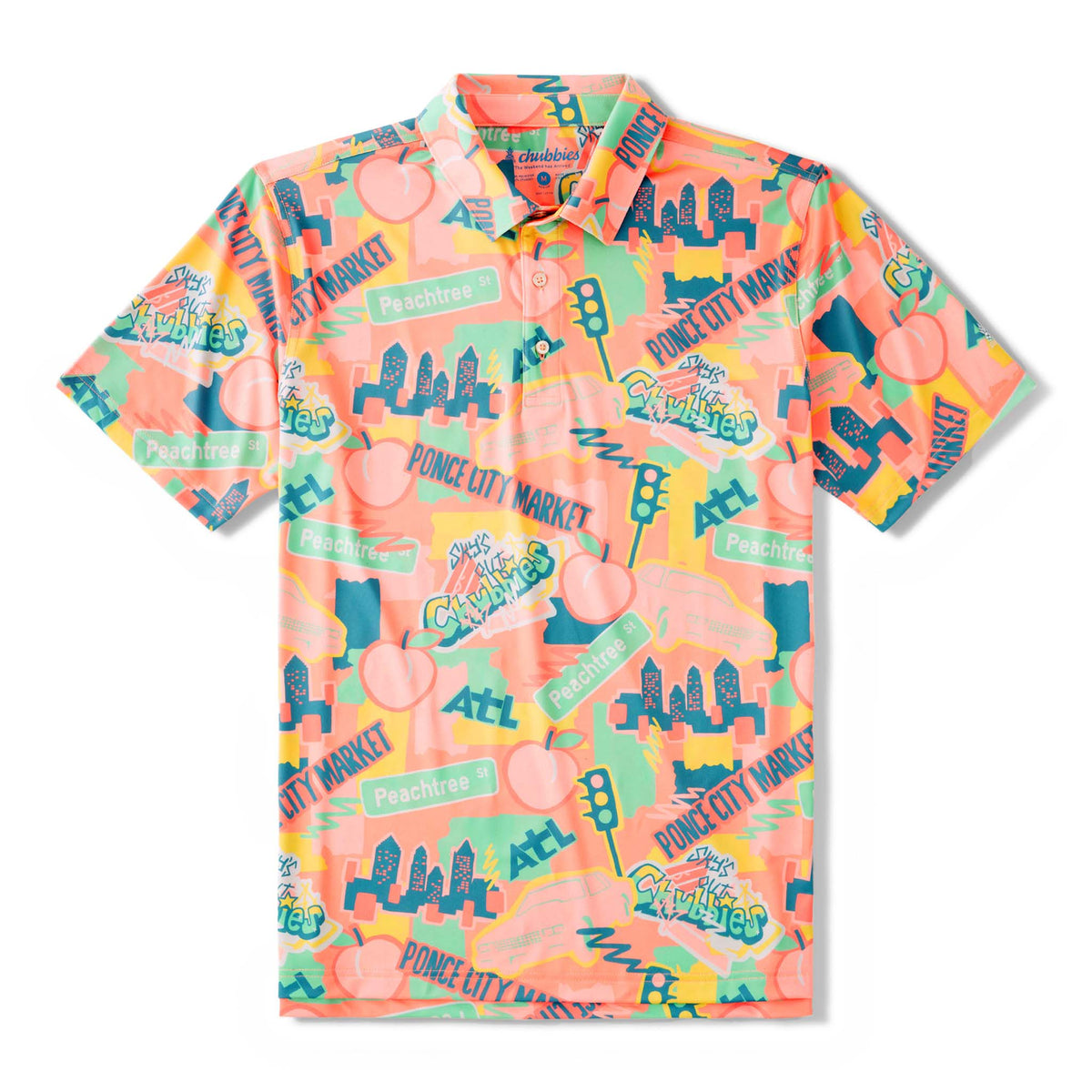 Men’s short-sleeve polo shirt from Chubbies, featuring a lightweight, breathable fabric with an all-over print of Atlanta, Georgia icons. Includes a classic collar, three-button placket, and a relaxed, modern fit.