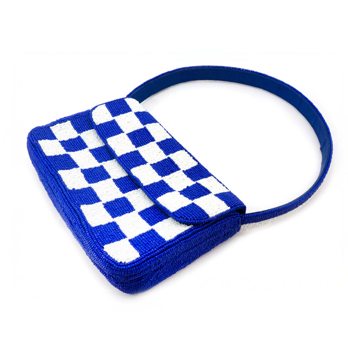Blue and white beaded checkered handbag with flap closure.