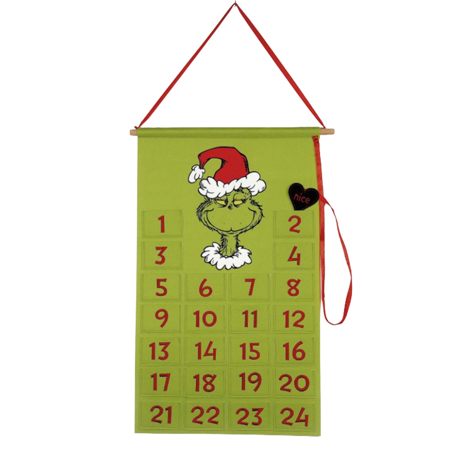 Green Grinch-themed fabric advent calendar with numbered pockets, red ribbon hanger, and heart-shaped “nice” marker.