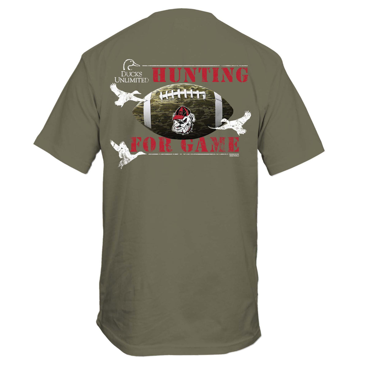 Back view of t-shirt with “Hunting For Game” graphic featuring camo football, Georgia Bulldogs mascot, and flying ducks