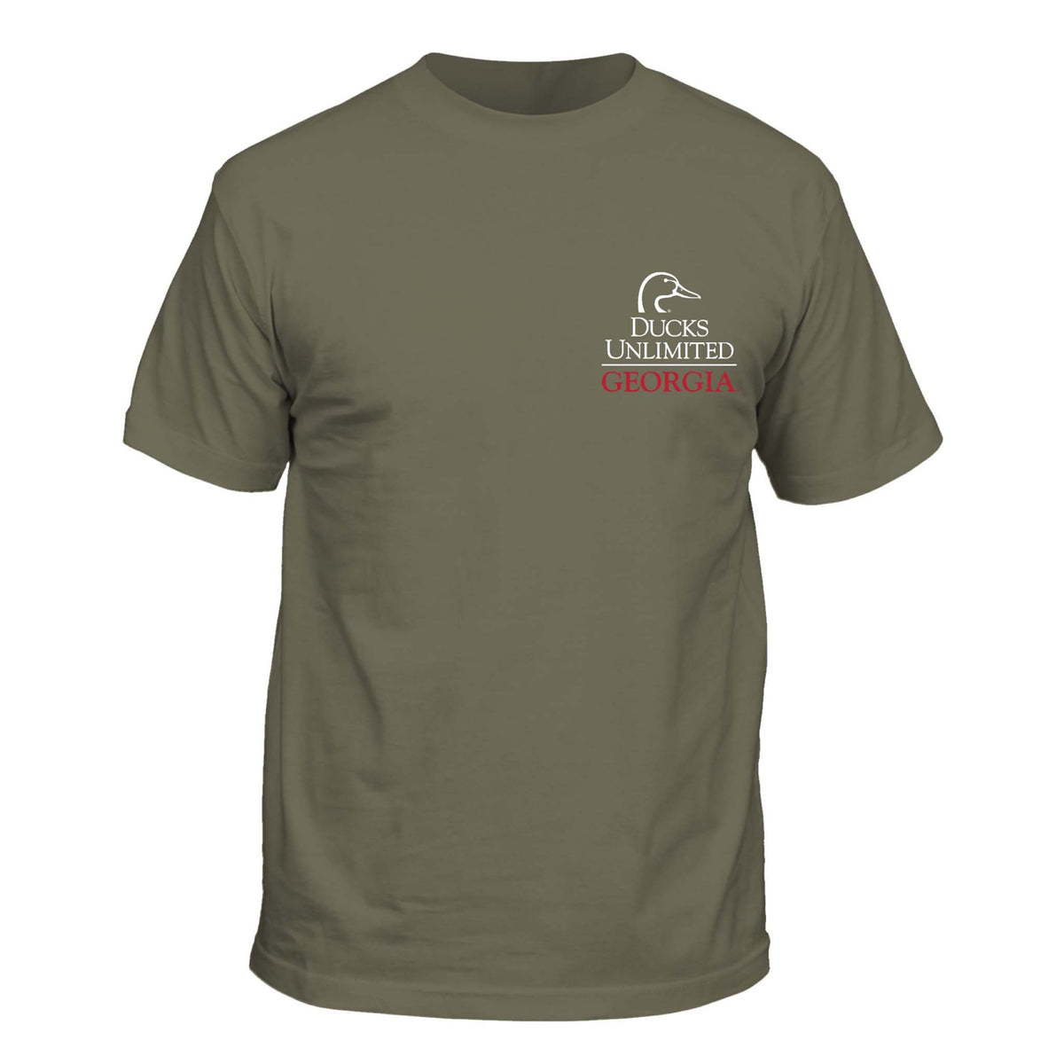 Front view of military green short sleeve t-shirt with Ducks Unlimited Georgia logo on the left chest.