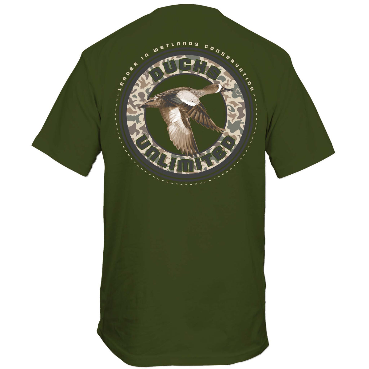 Green t-shirt with a duck design and text on the back, on a white background