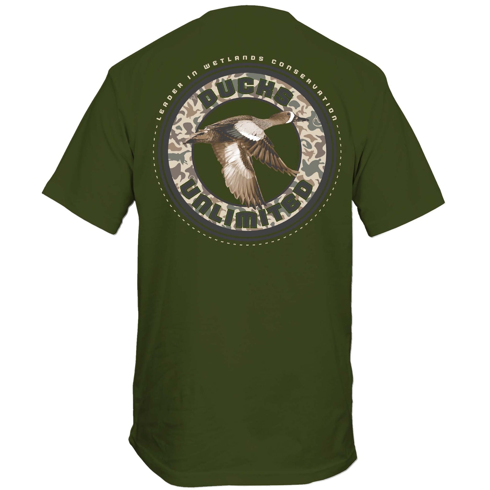 Green t-shirt with a duck design and text on the back, on a white background