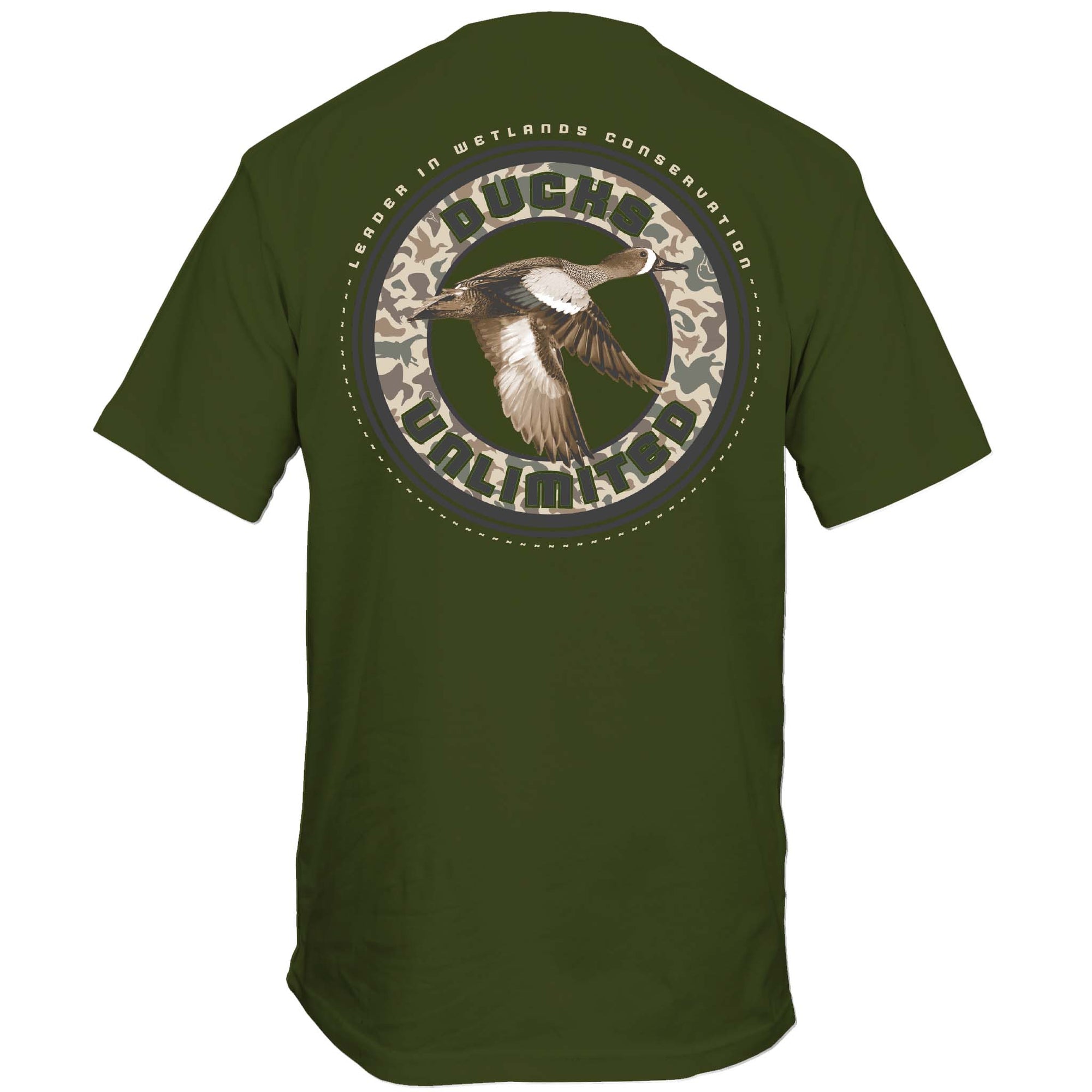 Green t-shirt with a duck design and text on the back, on a white background