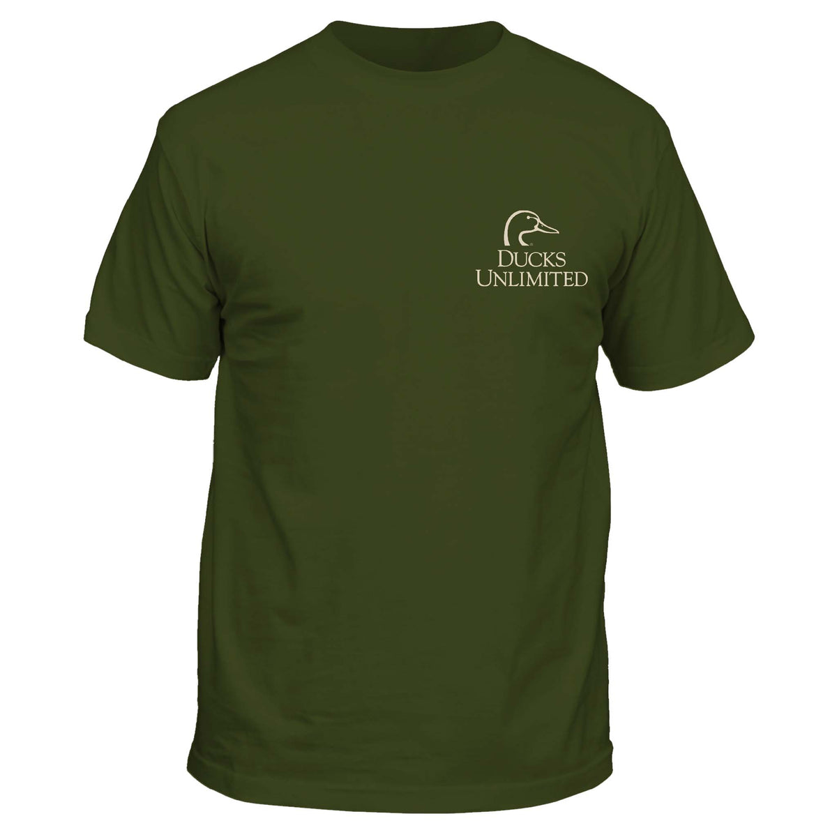 Green t-shirt with Ducks Unlimited logo on a white background