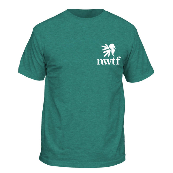Green t-shirt with a white NWTF logo and text on a white background