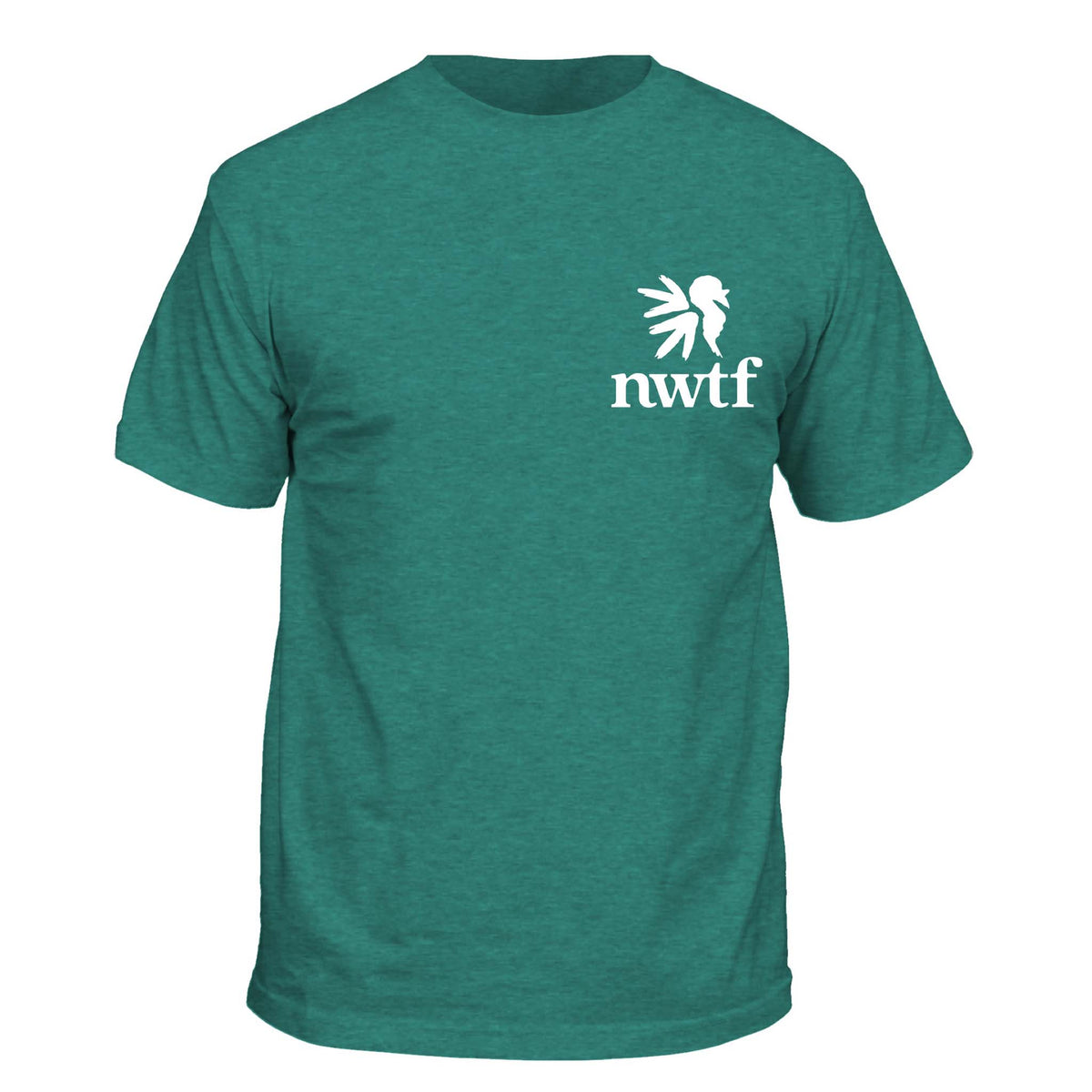 Green t-shirt with a white NWTF logo and text on a white background