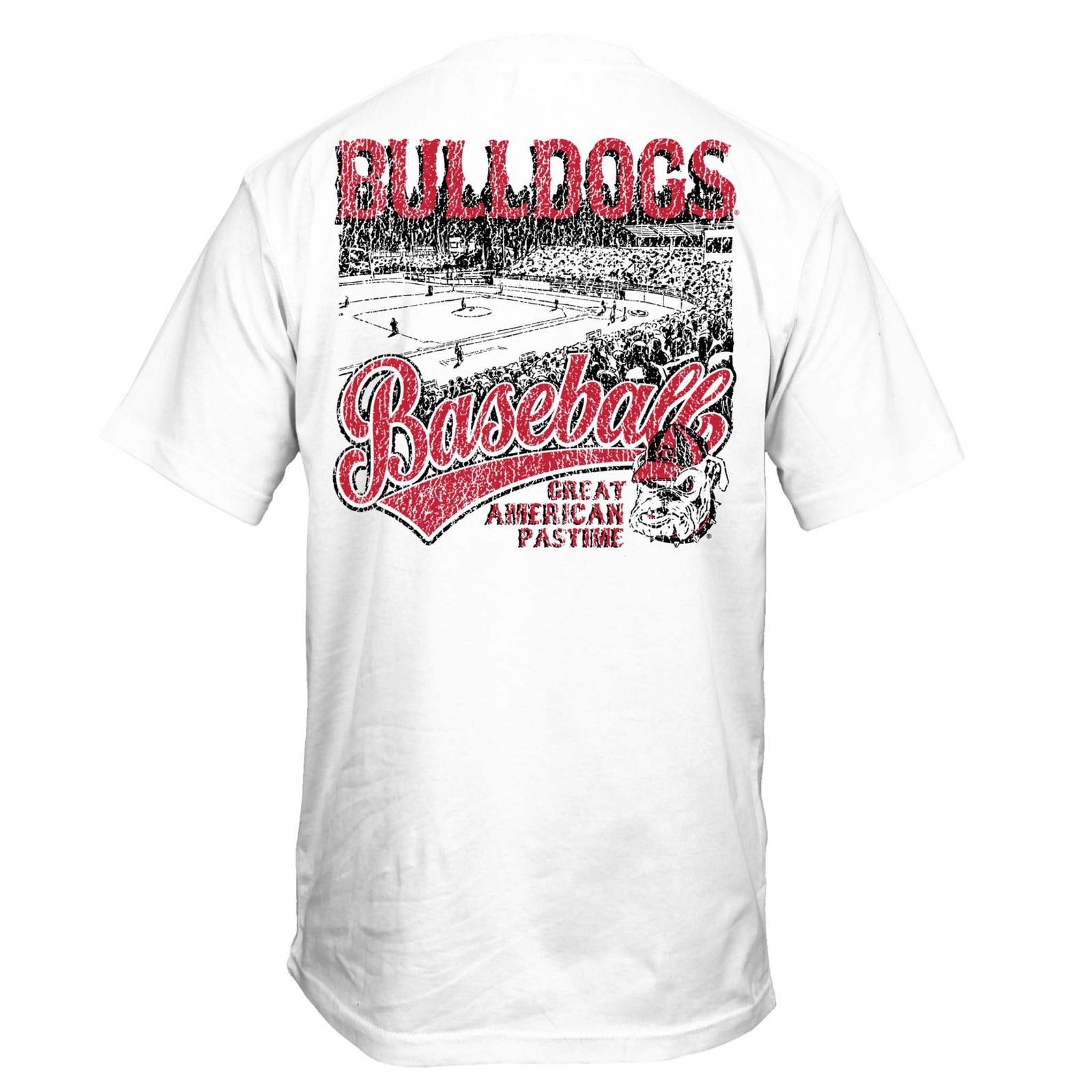 White T-shirt with distressed "Bulldogs Baseball" graphic and stadium illustration on back, text reads “Great American Pastime” with bulldog mascot.
