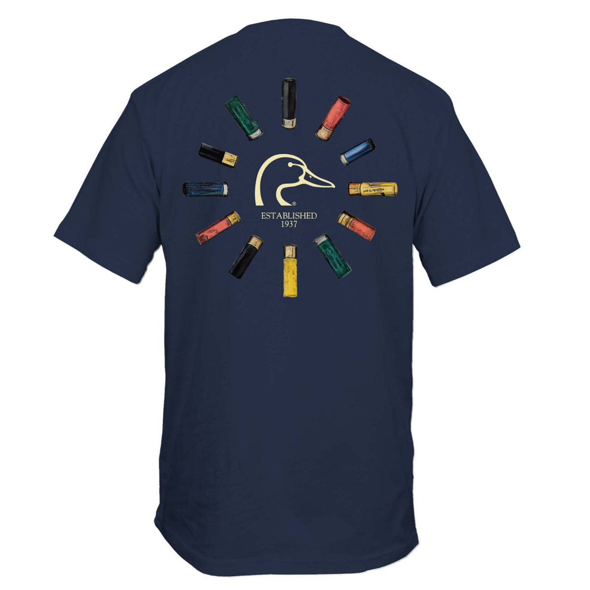 Back view of the same navy t-shirt featuring colorful shotgun shells arranged in a circle around a tan duck head logo with “Established 1937” below.