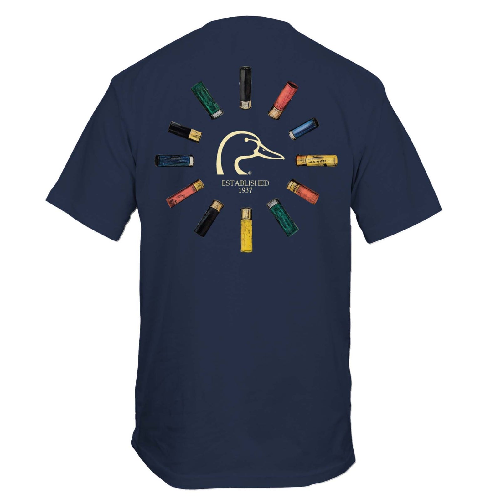 Back view of the same navy t-shirt featuring colorful shotgun shells arranged in a circle around a tan duck head logo with “Established 1937” below.