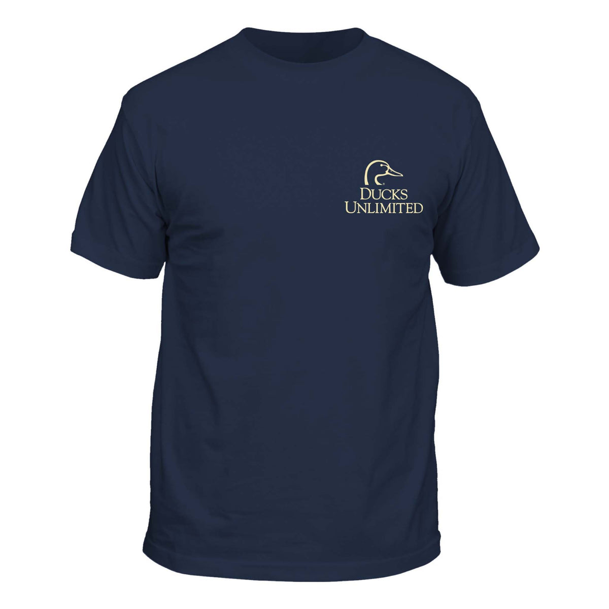 Front view of a navy short sleeve t-shirt with Ducks Unlimited logo and duck head outline on the left chest in light tan.