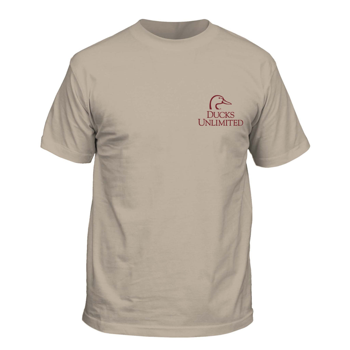 Front of sandstone short sleeve t-shirt with small Ducks Unlimited logo in red on left chest.
