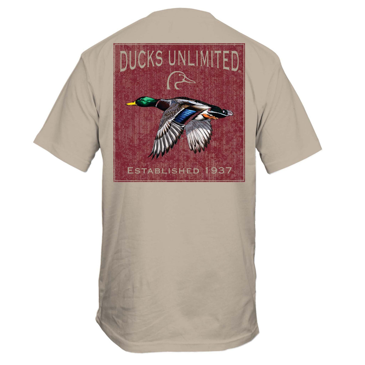Back of sandstone short sleeve t-shirt with flying mallard and Ducks Unlimited graphic over a red textured background.
