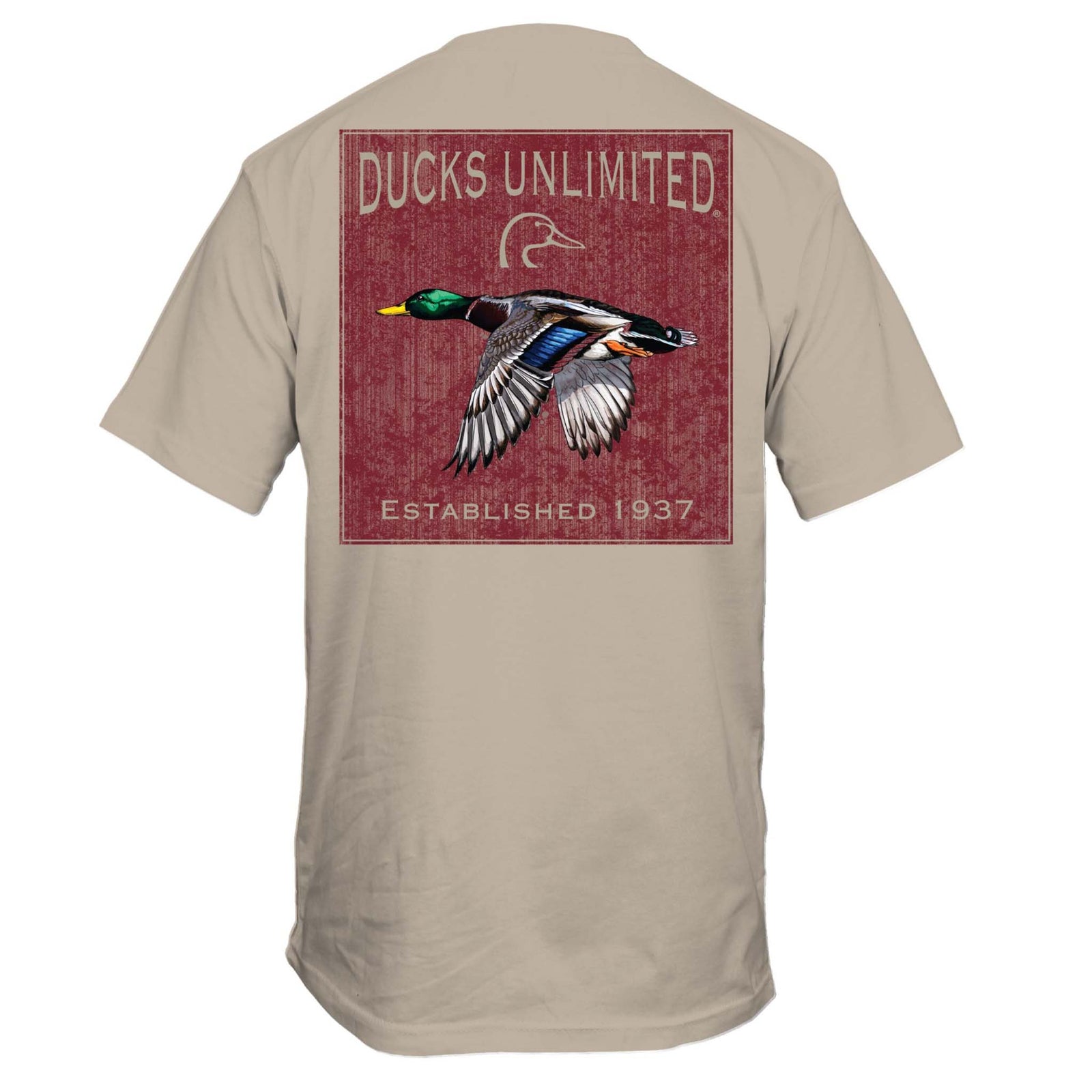 Back of sandstone short sleeve t-shirt with flying mallard and Ducks Unlimited graphic over a red textured background.