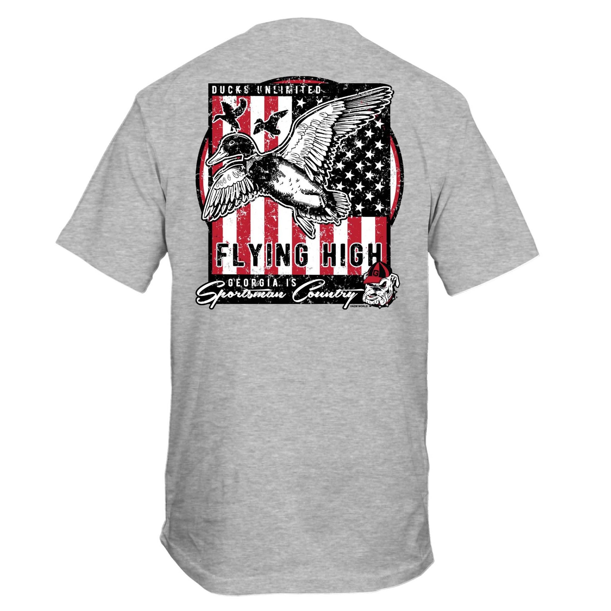 Back of sport grey short sleeve t-shirt with large graphic of a duck flying over a red and white American flag background, text reading “Flying High – Georgia is Sportsman Country,” and Georgia Bulldog mascot.