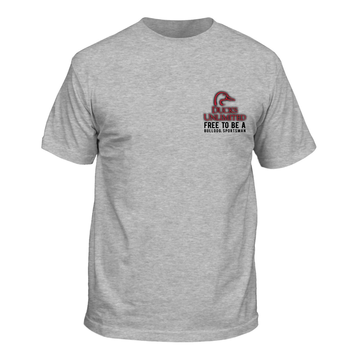 Front of sport grey short sleeve t-shirt with small Ducks Unlimited logo and text reading “Free to Be a Bulldog Sportsman” on left chest.