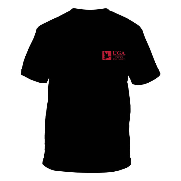 Front view of a black t-shirt with a red UGA Ducks Unlimited logo printed on the left chest.