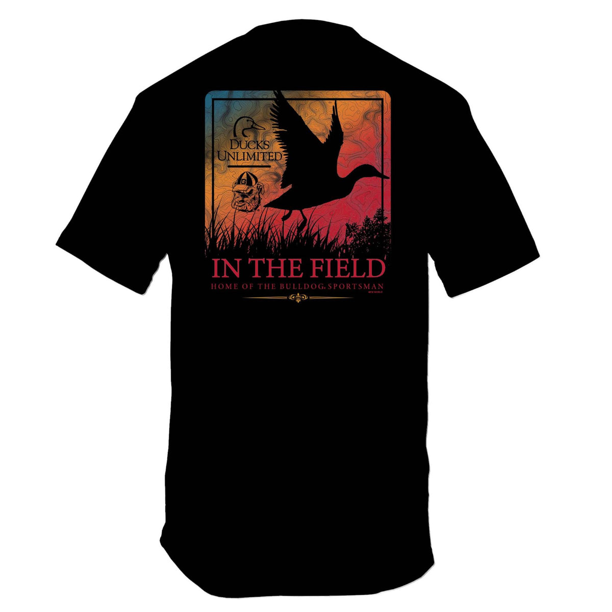 Back view of black t-shirt with flying duck graphic over a sunset background, Ducks Unlimited and UGA logos, and “In the Field” sportsman text.
