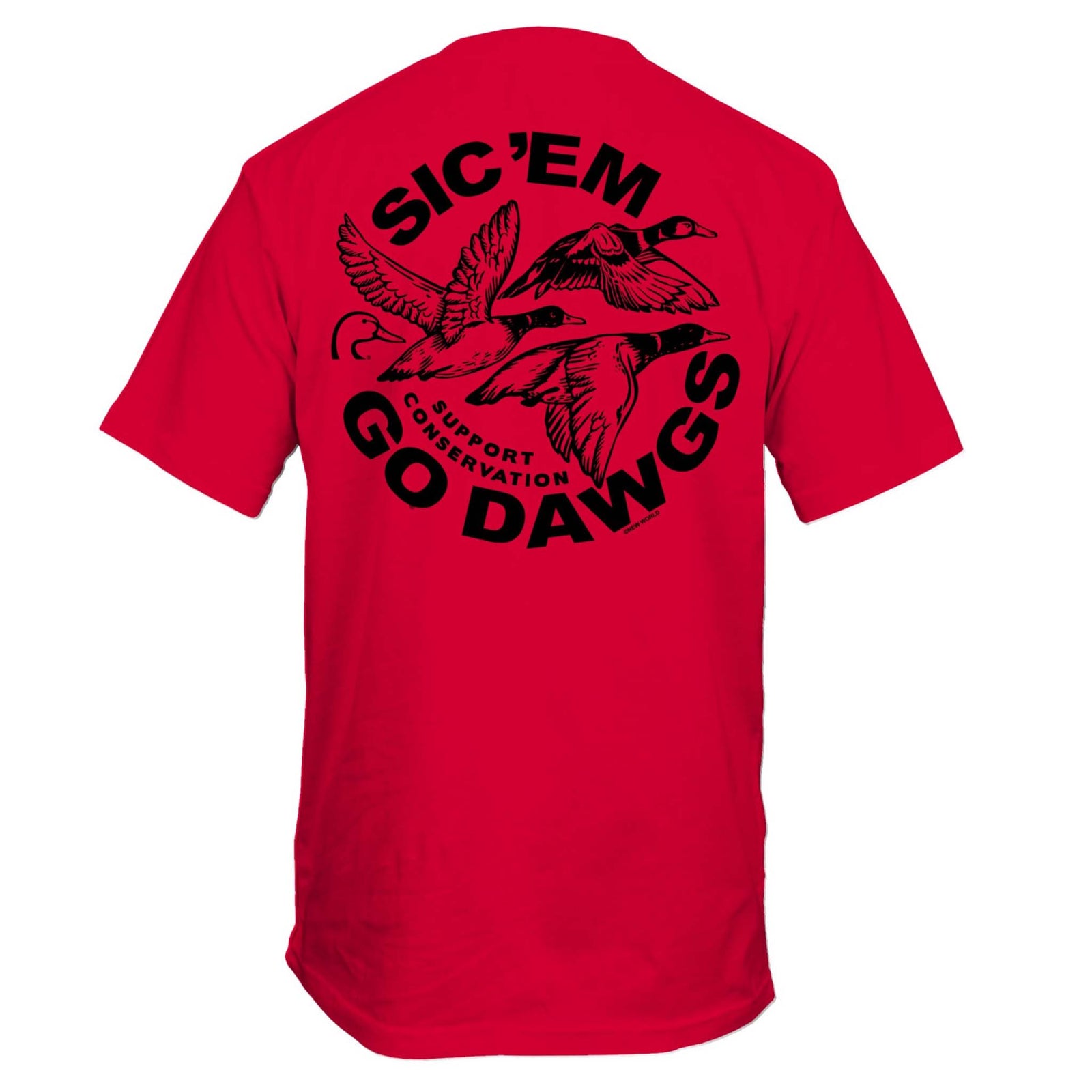 Front of red short sleeve t-shirt with small black Ducks Unlimited logo and Georgia Bulldog mascot above text reading “Support Conservation” on left chest.