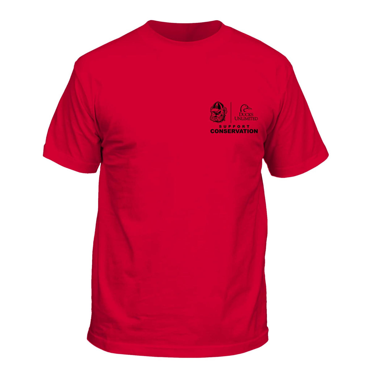 Back of red short sleeve t-shirt with large black graphic of three ducks in flight, surrounded by text reading “Sic ’Em Go Dawgs – Support Conservation.”