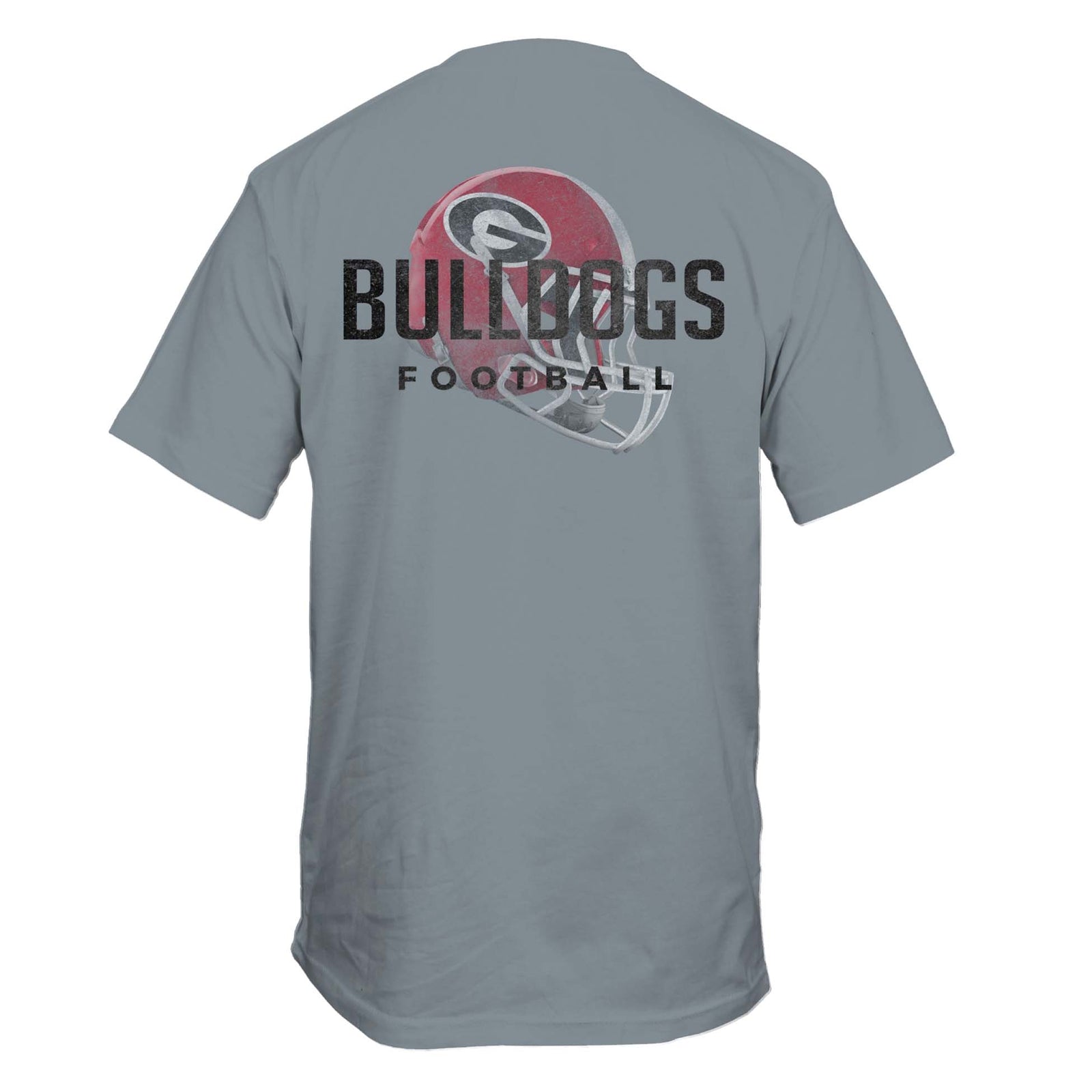 Back of granite gray t-shirt with red Georgia football helmet and “Bulldogs Football” text.