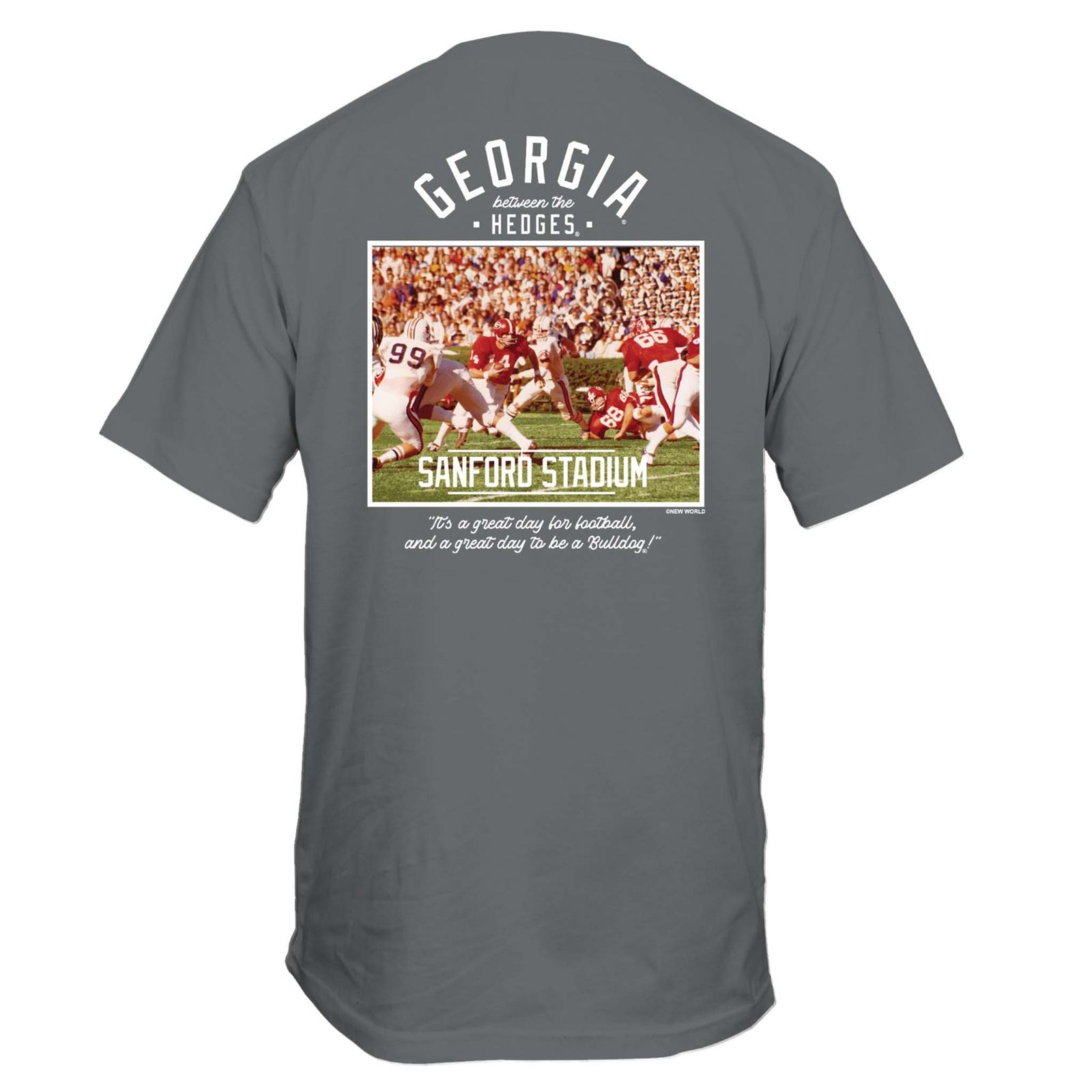 Back of charcoal t-shirt with Sanford Stadium action photo and “Georgia Between the Hedges” text.