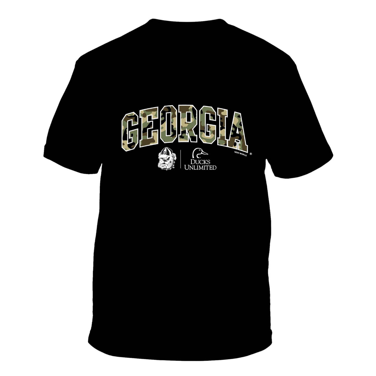 Black short sleeve t-shirt with “GEORGIA” in camouflage block letters, UGA mascot head logo, and Ducks Unlimited logo printed below.