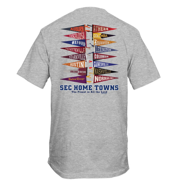 SEC Home Towns short sleeve t-shirt in sport grey, back view featuring multicolor pennants labeled with SEC city names and “SEC Home Towns – The Finest in All the Land” text.