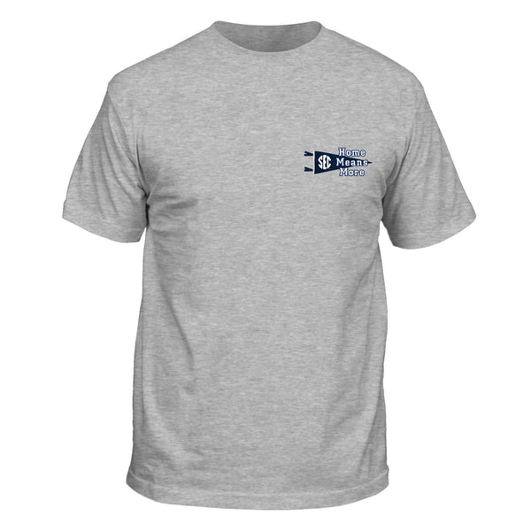 SEC Home Towns short sleeve t-shirt in sport grey, front view with small left chest graphic reading “Home Means More” next to a navy SEC pennant.