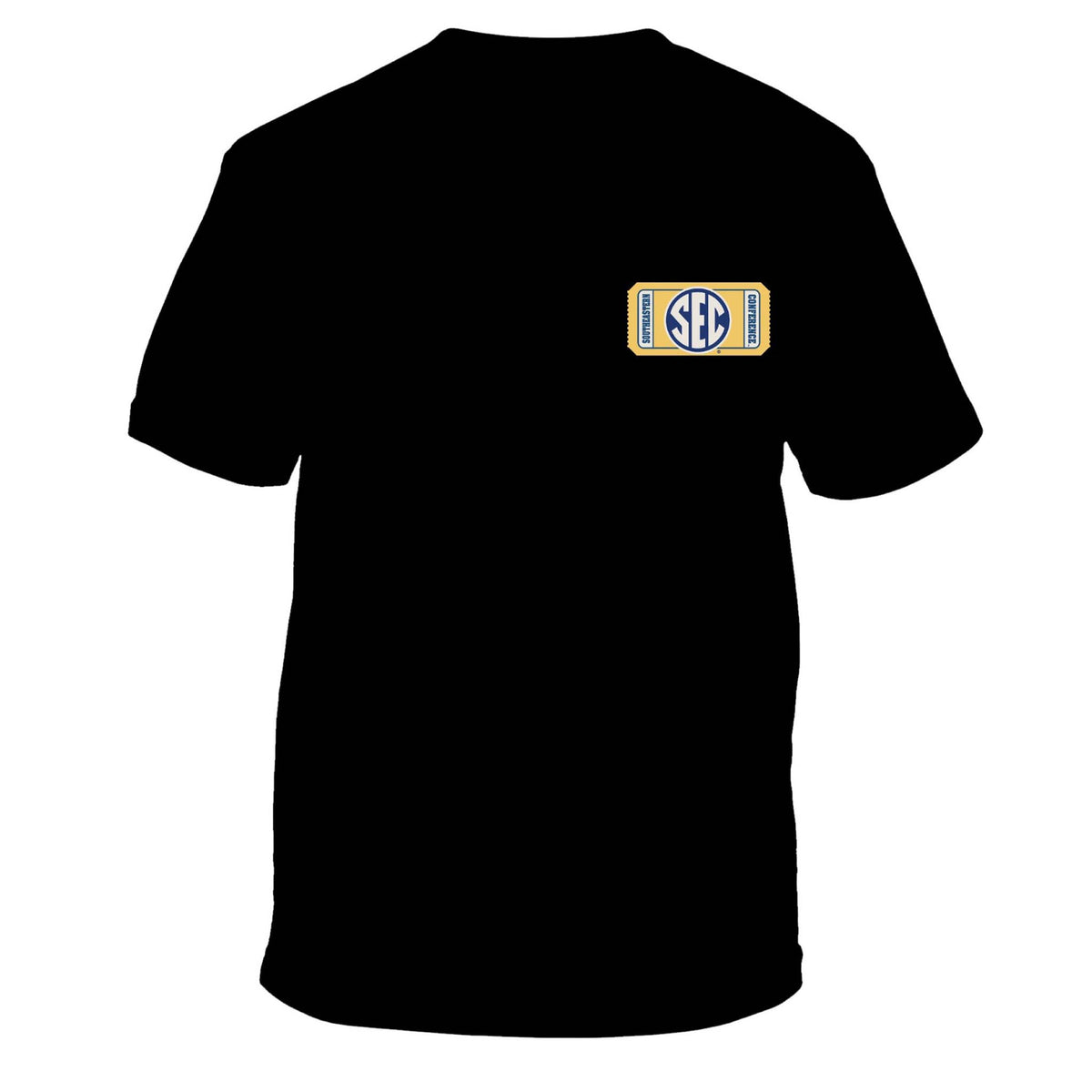 Front view of black short sleeve SEC Show T-shirt with yellow and blue ticket graphic featuring the SEC logo on the left chest.