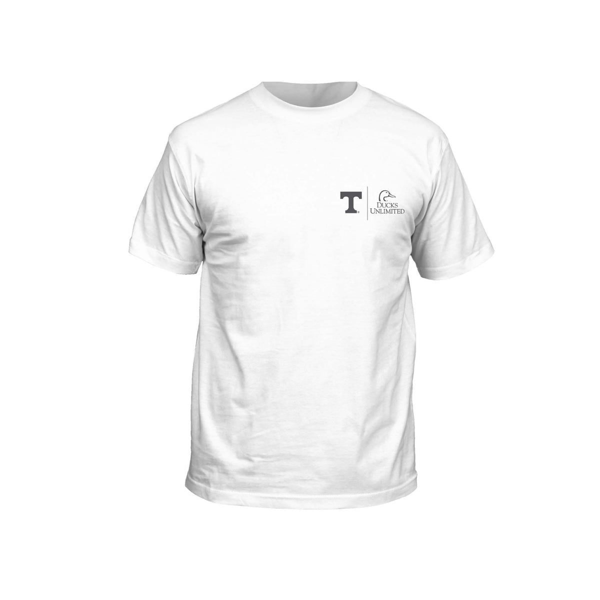 White Ducks Unlimited youth t-shirt with Tennessee Volunteers “T” and Ducks Unlimited logo on front chest.
