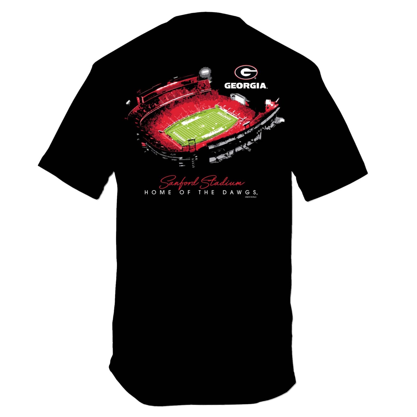 Back of black t-shirt with Sanford Stadium graphic and “Home of the Dawgs” text.