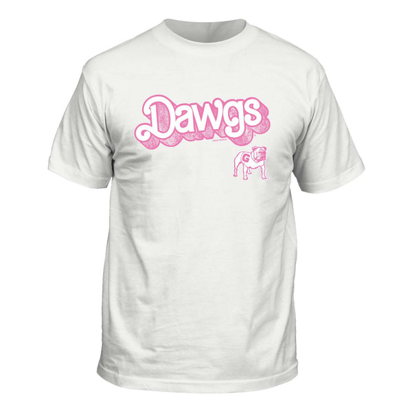 White t-shirt with 'Dawgs' text in pink bubble lettering and a small pink Georgia Bulldogs mascot logo below