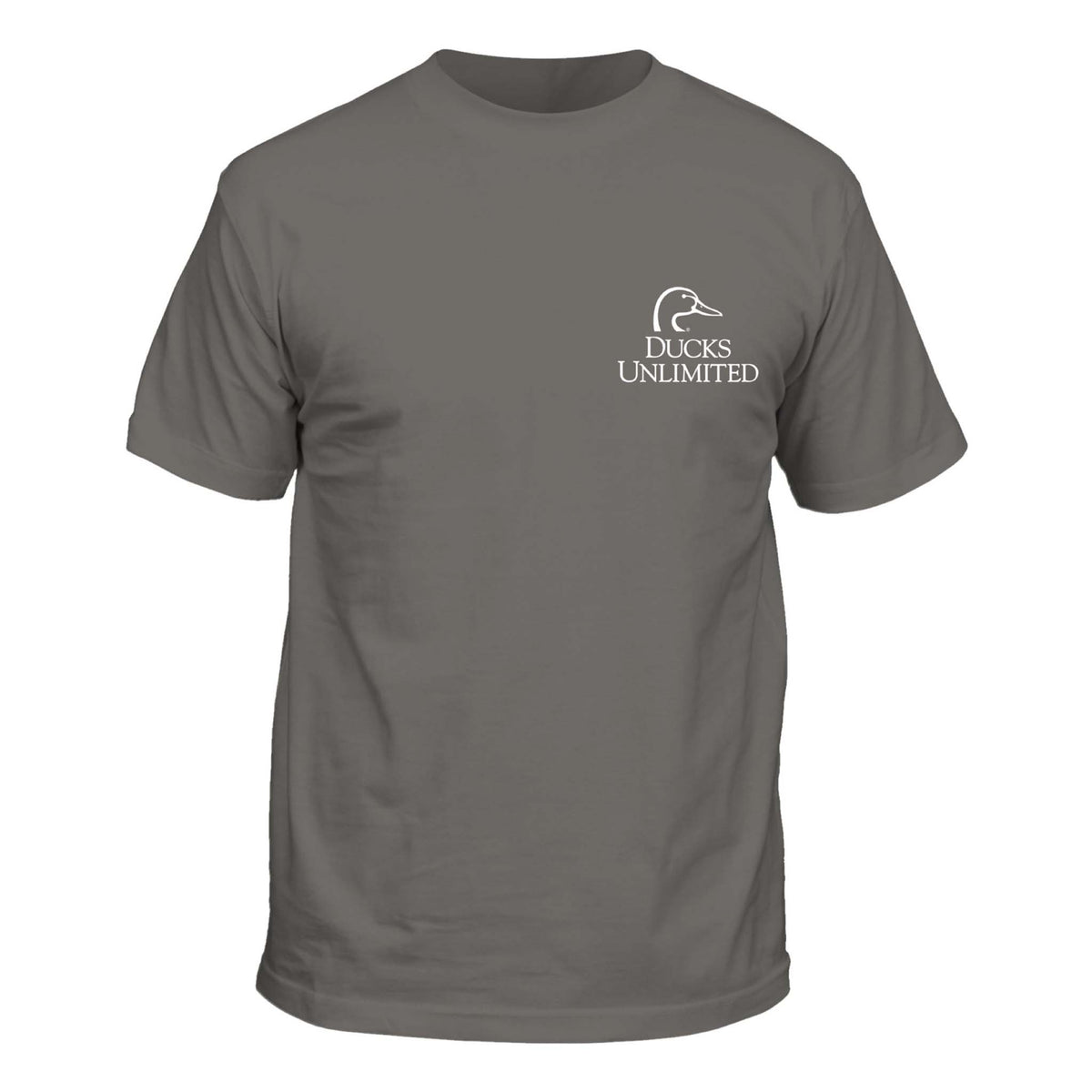 Front view of a grey t-shirt with the Ducks Unlimited logo printed in white on the left chest.